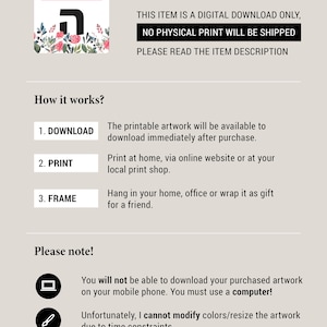 May include: Digital download artwork with the text "Instant Download." The image includes instructions: download, print, and frame. The artwork features a floral design and the word "HEBREWISH." The text states that no physical print will be shipped.
