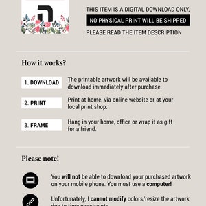 May include: A digital download of printable artwork featuring the Hebrew letter 'Heh' in a floral design. The text 'HEBREWISH' is at the top of the image. The text 'Instant Download' is at the top of the image. The text 'This item is a digital download only, no physical print will be shipped. Please read the item description' is below the title. The text 'How it works?' is followed by a list of steps: 1. Download, 2. Print, 3. Frame. The text 'Please note!' is followed by two icons and text: 'You will not be able to download your purchased artwork on your mobile phone. You must use a computer!' and 'Unfortunately, I cannot modify colors/resize the artwork due to time constraints.' The text 'www.hebrewish.etsy.com' is at the bottom of the image.