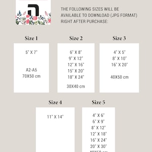 May include: Size guide for downloadable prints from HEBREWISH. Includes sizes from 4" x 5" to 20" x 30". The guide also lists the equivalent sizes in centimeters, such as 70x50 cm. The HEBREWISH logo is at the top.