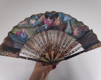 Rare 18th century Antique French Hand Painted Paper Fan with Carved Sticks