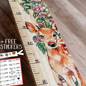 Farmhouse Boho Style Wooden Kid Growth Height Chart for Girls, Fawn Deer Roe Doe, Personalized Measuring Ruler,nursery forest woodland decor image 1
