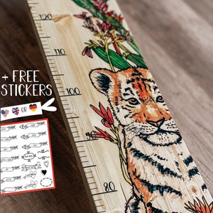 Tiger Growth Height Chart Ruler for Boys Girls Baby Toddler Boho, wooden height measure with personalisation, 1 2 3 year old birthday Gifts