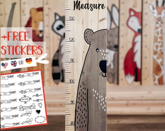 Farmhouse Boho Wooden Ruler Growth Height Chart Bear, Kids Decor Teddy, Modern Farm House Style Height Measurement Ruler,Baby Shower Baptism