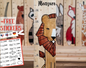 Boho Style Wooden Kids Growth Height Chart Ruler Lion, Personalized Gift Yardstick For Boys And Girls, Baby Toddler Jungle Room Wall Decor