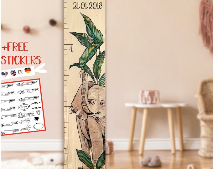 Elephant Growth Chart, Personalized Wooden Height Chart for Kids for Baby, Safari Jungle Nursery Decor, Birthday Gift For Boy Girl Toddler