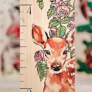 Farmhouse Boho Style Wooden Kid Growth Height Chart for Girls, Fawn Deer Roe Doe, Personalized Measuring Ruler,nursery forest woodland decor image 3