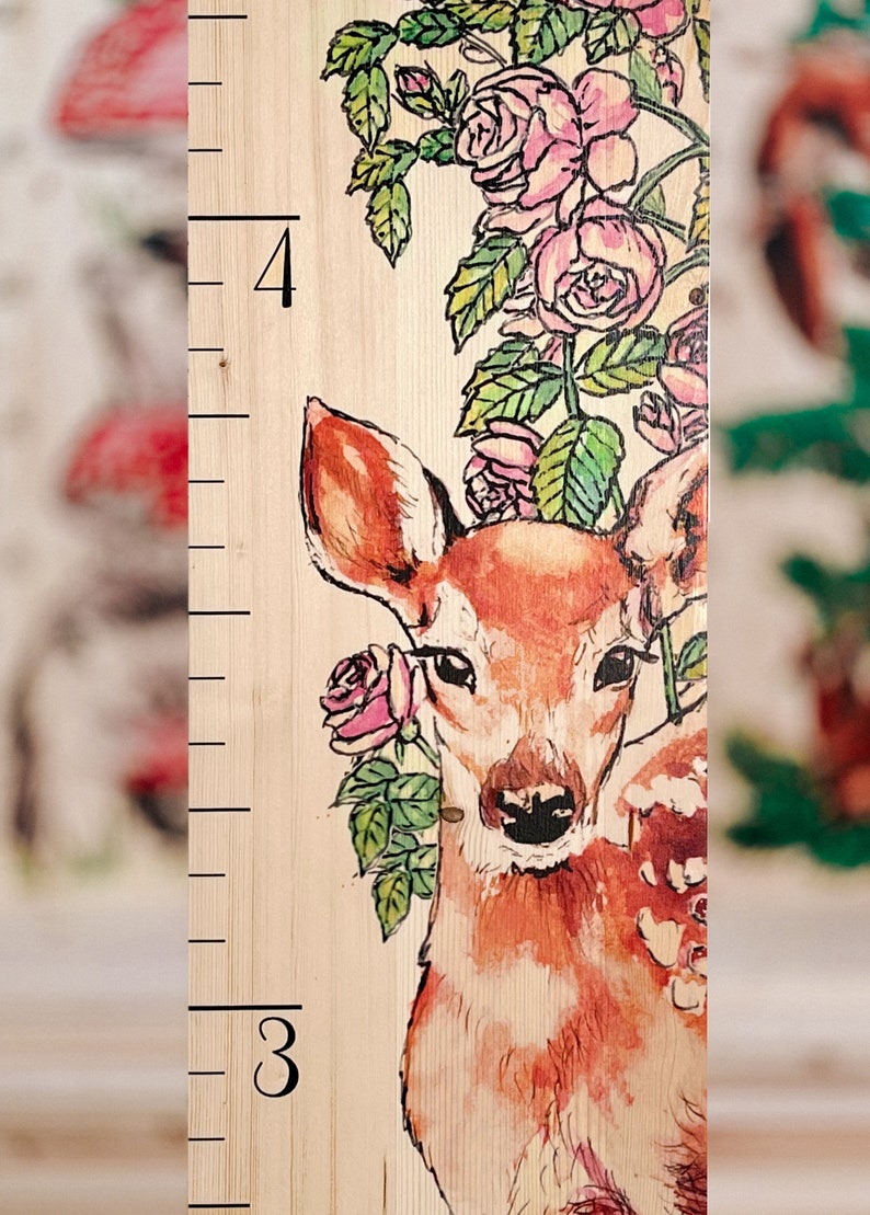Farmhouse Boho Style Wooden Kid Growth Height Chart for Girls, Fawn Deer Roe Doe, Personalized Measuring Ruler,nursery forest woodland decor image 3