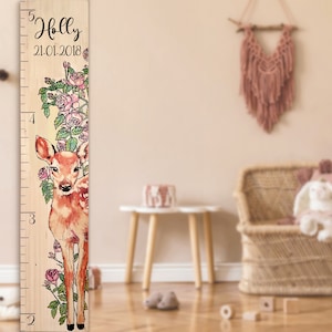 Farmhouse Boho Style Wooden Kid Growth Height Chart for Girls, Fawn Deer Roe Doe, Personalized Measuring Ruler,nursery forest woodland decor image 6