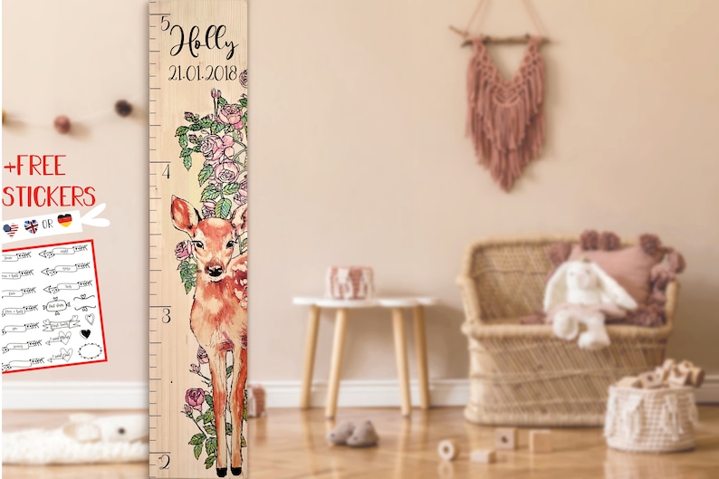 Farmhouse Boho Style Wooden Kid Growth Height Chart for Girls, Fawn Deer Roe Doe, Personalized Measuring Ruler,nursery forest woodland decor image 6