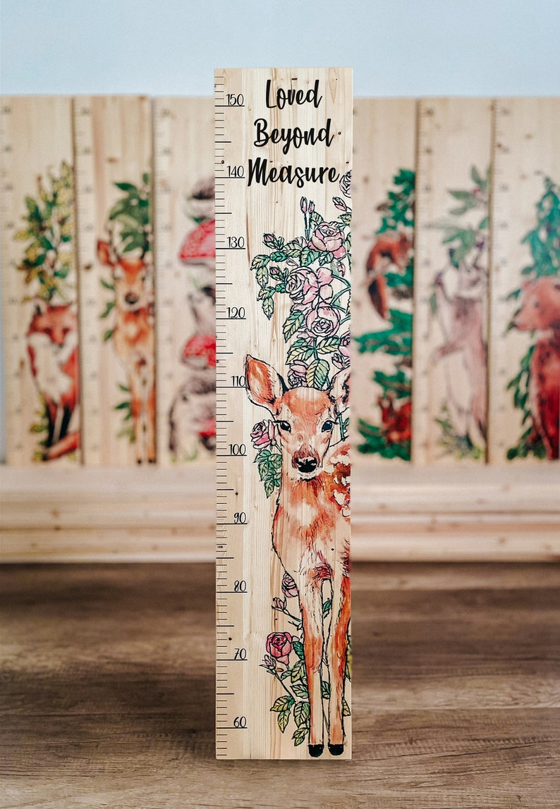 Farmhouse Boho Style Wooden Kid Growth Height Chart for Girls, Fawn Deer Roe Doe, Personalized Measuring Ruler,nursery forest woodland decor image 2