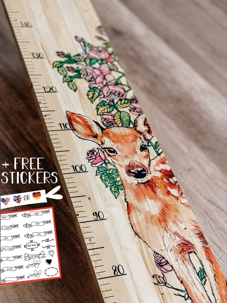 Farmhouse Boho Style Wooden Kid Growth Height Chart for Girls, Fawn Deer Roe Doe, Personalized Measuring Ruler,nursery forest woodland decor image 1