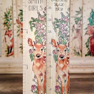 Farmhouse Boho Style Wooden Kid Growth Height Chart for Girls, Fawn Deer Roe Doe, Personalized Measuring Ruler,nursery forest woodland decor image 4