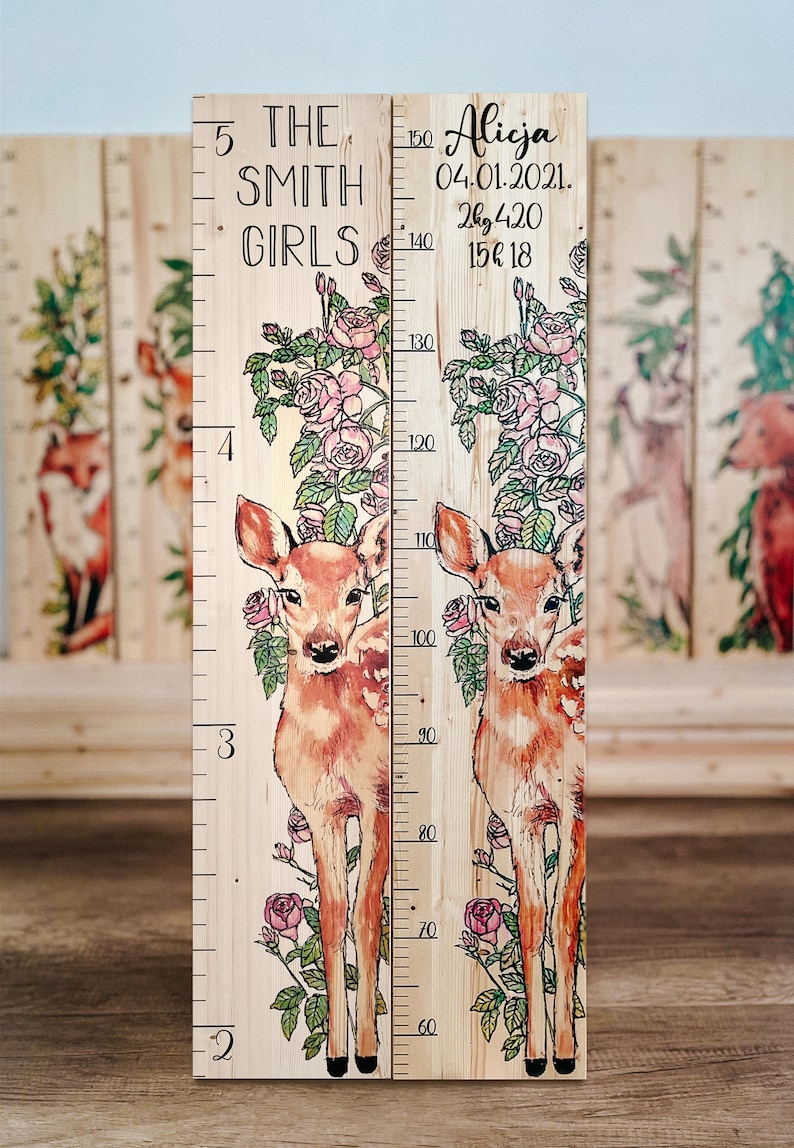 Farmhouse Boho Style Wooden Kid Growth Height Chart for Girls, Fawn Deer Roe Doe, Personalized Measuring Ruler,nursery forest woodland decor image 4