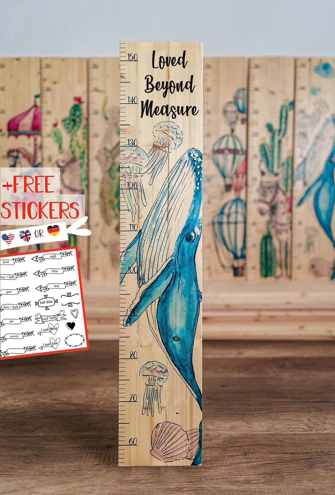 Whale Growth Chart For Kids - Nautical Nursery Decor, 2-Pack Vinyl Height Chart, 10x51 Inches, Fade Resistant