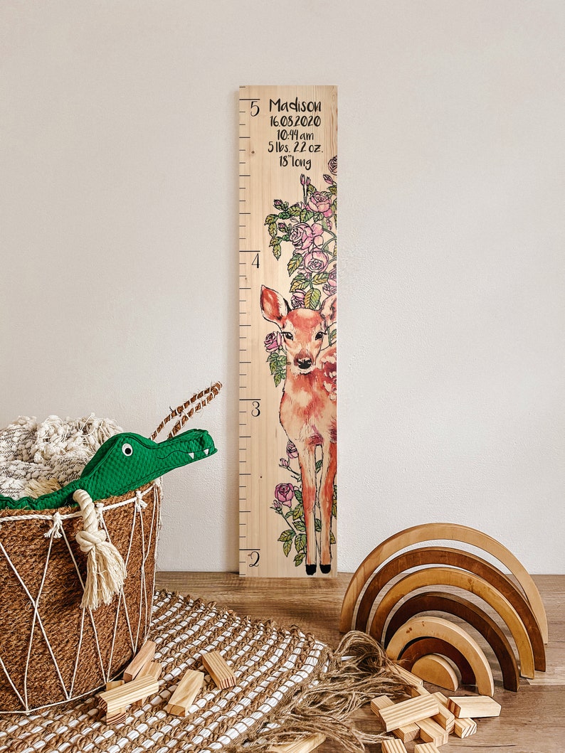 Farmhouse Boho Style Wooden Kid Growth Height Chart for Girls, Fawn Deer Roe Doe, Personalized Measuring Ruler,nursery forest woodland decor image 5