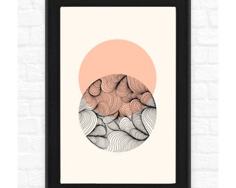 May include: Abstract art print with a black and white circular design with a peach colored circle behind it. The print is framed in a black frame.