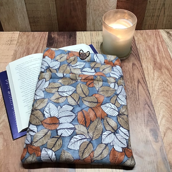 Large Flannel Earth Tone Leaves on Blue Book Sleeve with Pocket, Book Cover, Tablet Sleeve, Tablet Cover