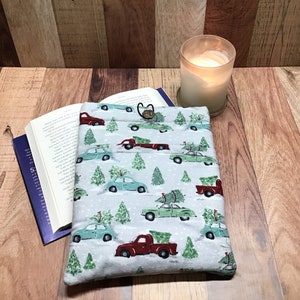 Large Fleece Multicolored Cars with Christmas Trees Book Sleeve with Pocket, Book Cover, Tablet Sleeve, Tablet Cover, Winter Book Sleeve