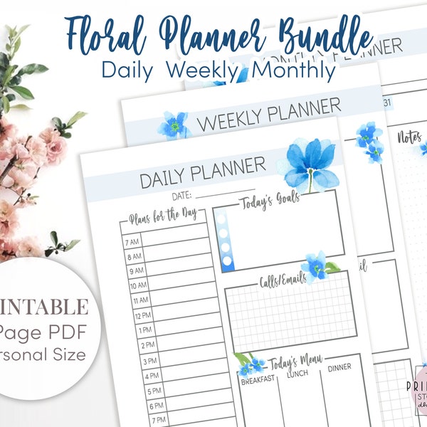 Printable Filofax Personal Size Refills | Watercolour Floral Planner Inserts | 2021 Daily, Weekly, and Monthly Inserts