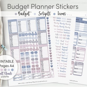 Printable Budget Stickers | Scripts, Bills, Debts and Savings Trackers for Classic Happy Planner in Soft Clouds