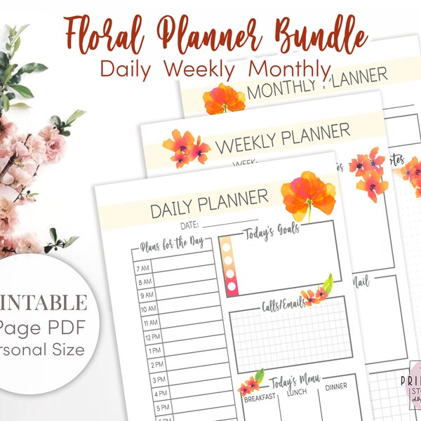 Printable Filofax Personal Size Refills | Watercolour Floral Planner Inserts | 2021 Daily, Weekly, and Monthly Inserts