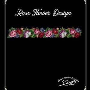 Może przedstawiać: Czarne tło z białym napisem "Rose Flower Design". Poniżej znajduje się kwiatowa obwódka z różowymi, czerwonymi i fioletowymi różami oraz zielonymi liśćmi. W prawym dolnym rogu znajduje się podpis.