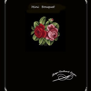 Può includere: Uno schema di ricamo a punto croce per un piccolo bouquet di rose rosse e rosa con foglie verdi. Lo schema è intitolato "Mini Bouquet" e proviene da Antique Needlework Designs.