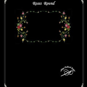Może przedstawiać: Cyfrowy wzór do haftu przedstawiający okrągłą ramę z różowymi, czerwonymi i żółtymi różami oraz zielonymi liśćmi. Wzór nosi tytuł "Roses Round".