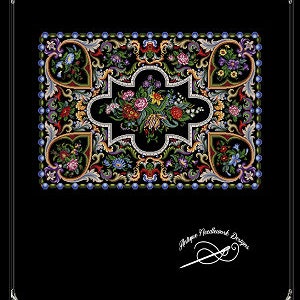 May include: A colorful floral tapestry with a black background and a gold frame. The tapestry features a central bouquet of flowers and a variety of other floral designs. The tapestry is surrounded by a border of blue beads.