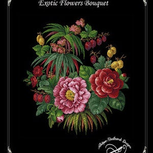 May include: A bouquet of exotic flowers, including pink and red peonies, green leaves, and small yellow and red berries.