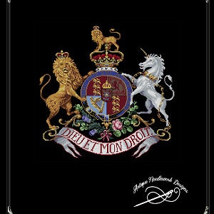 May include: A black and white image of the Royal Coat of Arms of the United Kingdom. The coat of arms features a lion, a unicorn, and a shield with the royal crest. The motto "Dieu et mon Droit" is displayed on a ribbon below the shield.
