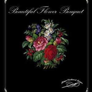 Puede incluir: Ilustración de un ramo de flores de estilo vintage sobre un fondo negro. El ramo presenta flores rojas, rosas, blancas y azules con hojas verdes. El texto "Beautiful Flower Bouquet" está en la parte superior.