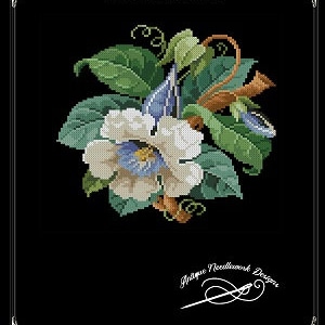 May include: A cross-stitch pattern featuring a blue datura flower with white petals and green leaves. The pattern is titled "Blue Datura Flower" and includes the text "Antique Needlework Designs".