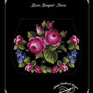 May include: A black and white embroidery pattern for a purse featuring a bouquet of pink roses and blue flowers.