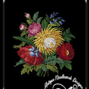 May include: A vintage needlepoint design featuring a colorful bouquet of flowers, including red poppies, yellow chrysanthemums, pink roses, and bluebells. The design is titled "Victorian Floral Bouquet" and is from "Antique Needlework Designs".