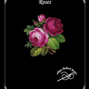 Può includere: Un motivo di punto croce con un bouquet di tre rose rosa con foglie e steli verdi. Il motivo è intitolato "Rose" e proviene da "Alpine Needlework Designs".