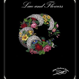 May include: A circular design featuring a white lace ribbon intertwined with colorful flowers, including red, pink, yellow, and blue roses, and other floral elements. The design is on a black background.