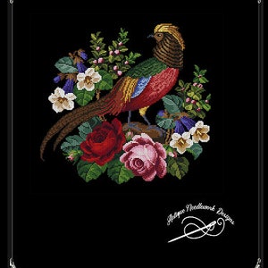 May include: Antique Floral Golden Pheasant cross stitch pattern featuring a golden pheasant surrounded by red, pink, white, and blue flowers. The pattern is on a black background with a white border and the text "Antique Floral Golden Pheasant" and "Antique Needlework Designs".
