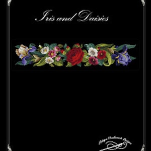 Może przedstawiać: Wzór haftu kwiatowego przedstawiający rząd irysów, stokrotek i róż w odcieniach fioletu, bieli, czerwieni i zieleni. Wzór nosi tytuł "Irysy i stokrotki" i jest oznaczony jako "Hafty Tradycyjne Wzory".