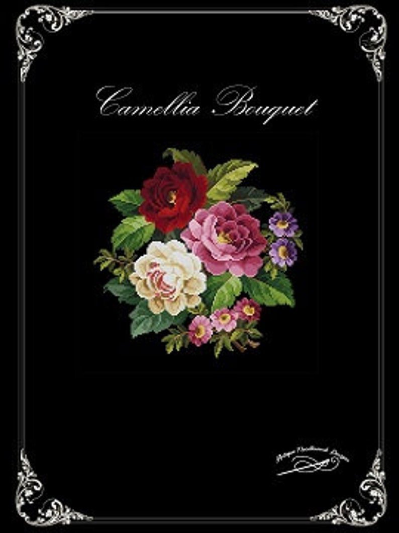 May include: A bouquet of embroidered camellias in shades of red, pink, and white, with smaller purple flowers and green leaves. The embroidery is on a black background with a decorative border.