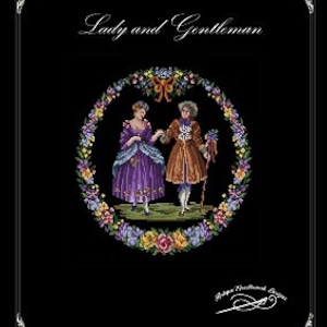 May include: A cross-stitch pattern featuring a couple in 18th-century attire, surrounded by a wreath of colorful flowers. The title "Lady and Gentleman" is displayed at the top of the pattern.
