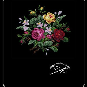 May include: Antique Floral Bouquet cross stitch pattern featuring a bouquet of pink, red, and yellow roses with green leaves on a black background. The text "Antique Floral Bouquet" is at the top of the image and "Antique Needlework Designs" is at the bottom.