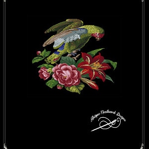 May include: A green parrot perched on a branch with red and pink flowers. The image is titled "Parrot On Tree" and includes the text "Butter Threads Designs".