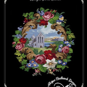 May include: A needlepoint design featuring a church with a floral wreath around it. The church is gray and white with a blue sky and green hills in the background. The wreath is made of pink, red, and blue flowers.