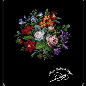 May include: A colorful floral bouquet with red, white, pink, orange, blue, and green flowers. The bouquet is called "Berlin Woolkwork Bouquet" and is from "Antique Needlework Designs".