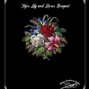 May include: A digital illustration of a floral bouquet featuring a red rose, white rose, pink tiger lily, and blue flowers. The bouquet is surrounded by green leaves and set against a black background. The text "Tiger Lily and Roses Bouquet" is at the top.