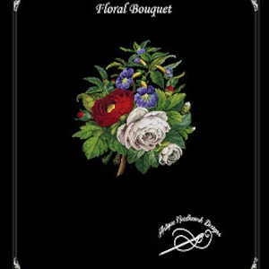Może przedstawiać: Wzór do haftu krzyżykowego przedstawiający bukiet kwiatów w odcieniach czerwieni, bieli i fioletu. Bukiet zawiera róże, małe fioletowe kwiaty i zielone liście.