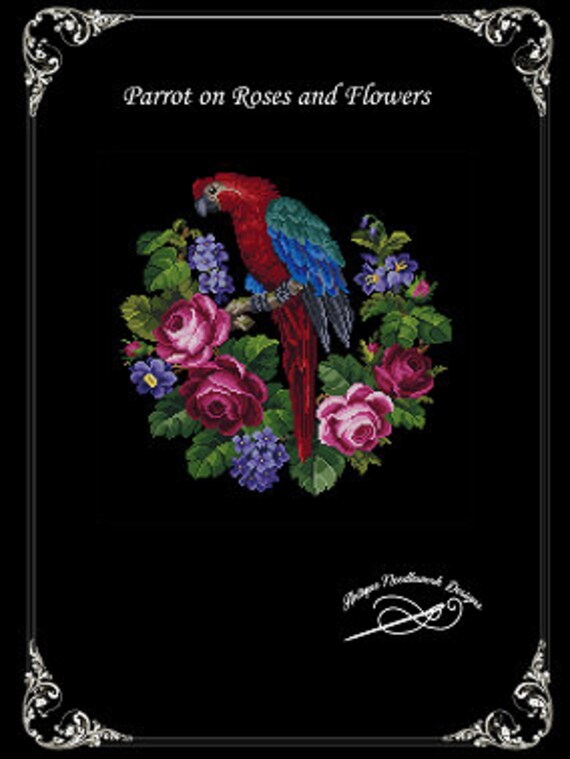 Parrot on Roses and Flowers | Etsy