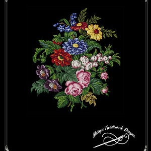 May include: A colorful floral bouquet with red, pink, blue, yellow, and white flowers. The bouquet is surrounded by green leaves and is set against a black background. The text "Berlin Woolkwork Bouquet" is at the top of the image and "Antique Needlework Designs" is at the bottom.