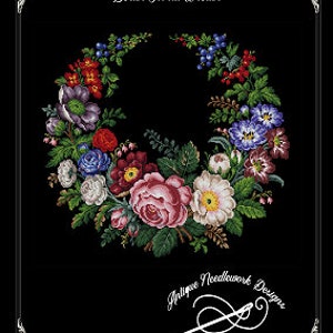 May include: A colorful floral wreath with pink, white, blue, red, and purple flowers, green leaves, and berries. The wreath is on a black background with the text "Berlin Floral Wreath" and "Antique Needlework Designs" in white.